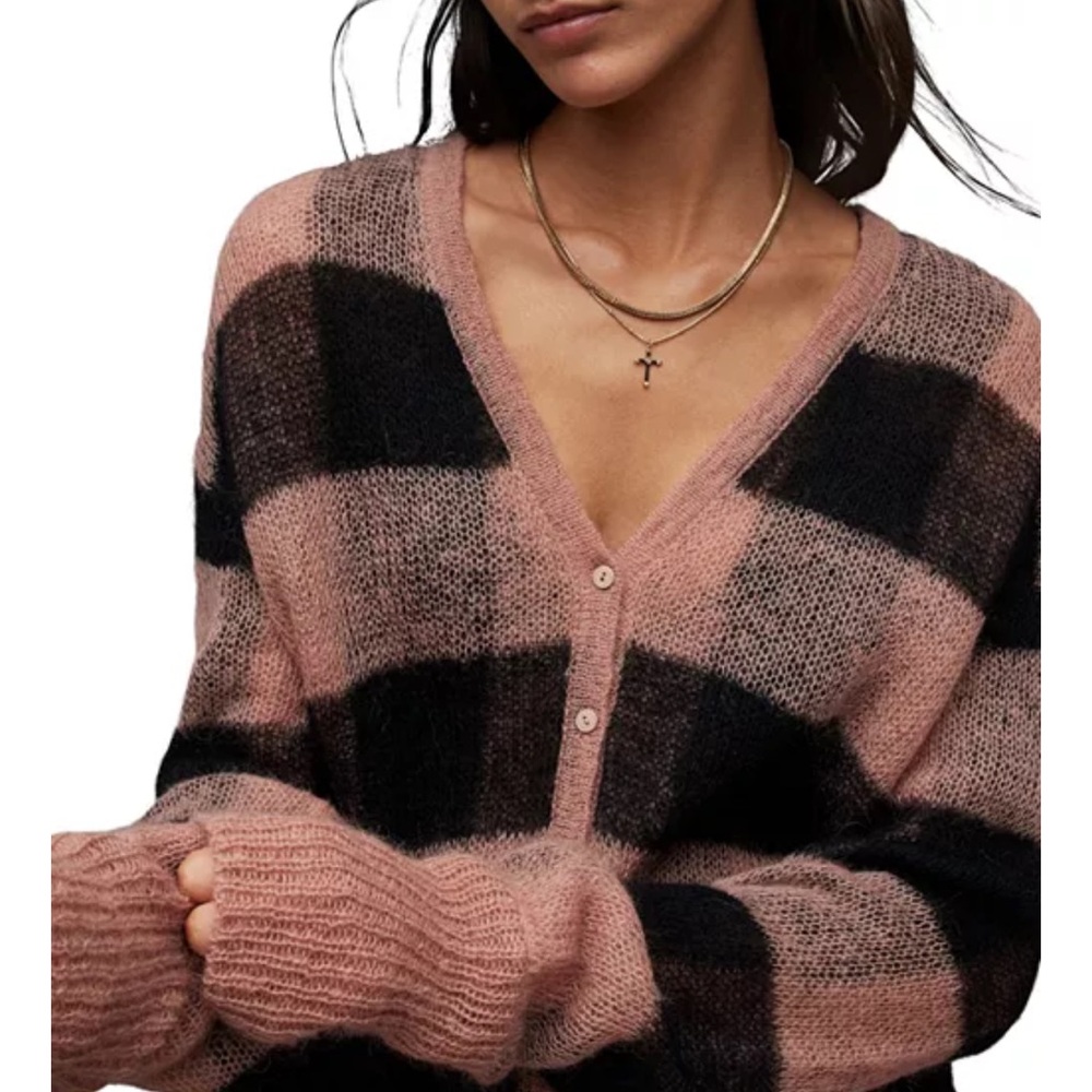 ALLSAINTS Renee V-neck Checked Wool Mohair-blend Cardigan Size Small - Picture 3 of 13